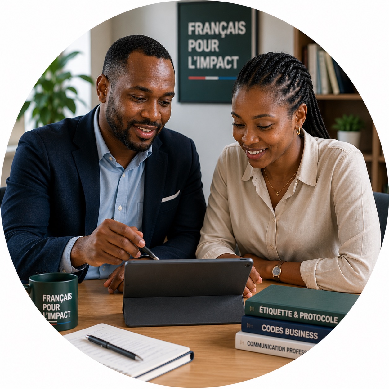 A trainer coaching a learner on francophone business codes