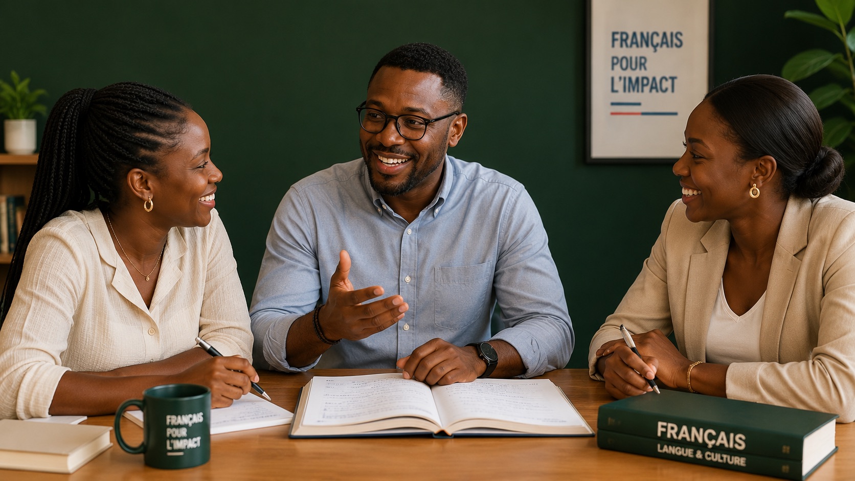 A Zabibu trainer and two learners working through a French lesson together